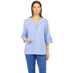 Petite Alfred Dunner Pinstripe Bell Sleeve Shirt