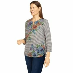Petite Alfred Dunner Stripe Asymmetric Floral Top -Alfred Dunner Shop 5608761 ALT2