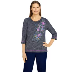 Women's Alfred Dunner Embroidered Flowers Mini Striped Top