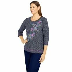 Women's Alfred Dunner Embroidered Flowers Mini Striped Top -Alfred Dunner Shop 5624186 ALT3