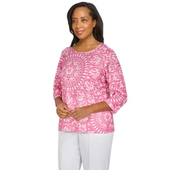 Petite Alfred Dunner Siesta Key Monotone Medallion Ruffle Print Top -Alfred Dunner Shop 5719111 ALT3