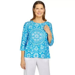 Petite Alfred Dunner Siesta Key Monotone Medallion Ruffle Print Top