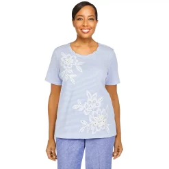 Petite Alfred Dunner Ann Herbor Mini Striped Eyelet Applique Floral Top