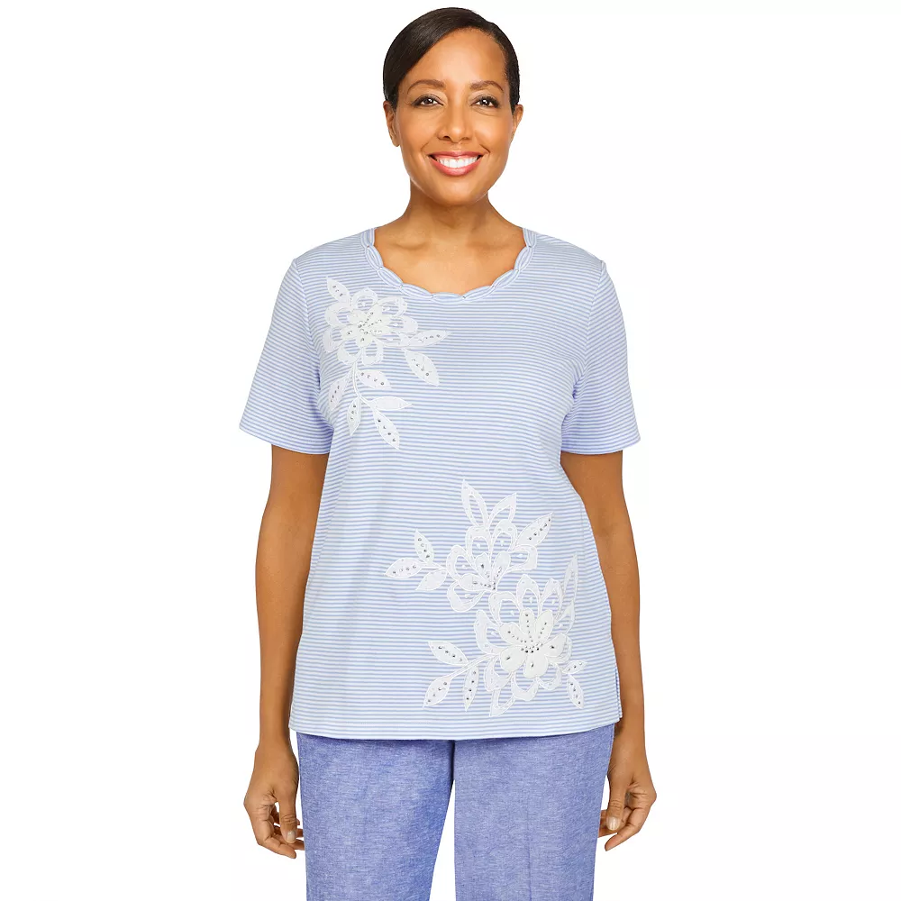 Petite Alfred Dunner Ann Herbor Mini Striped Eyelet Applique Floral Top 1 Petite Alfred Dunner Ann Herbor Mini Striped Eyelet Applique Floral Top