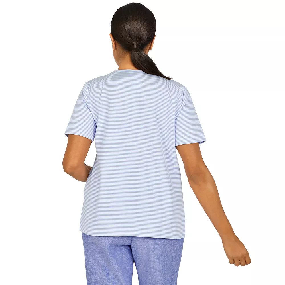 Petite Alfred Dunner Ann Herbor Mini Striped Eyelet Applique Floral Top 2 Petite Alfred Dunner Ann Herbor Mini Striped Eyelet Applique Floral Top - Image 2