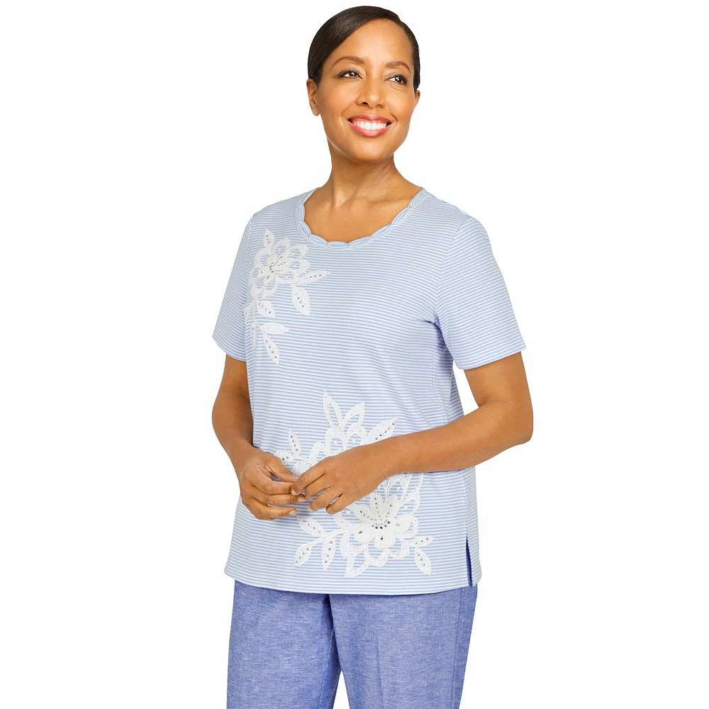 Petite Alfred Dunner Ann Herbor Mini Striped Eyelet Applique Floral Top 3 Petite Alfred Dunner Ann Herbor Mini Striped Eyelet Applique Floral Top - Image 3