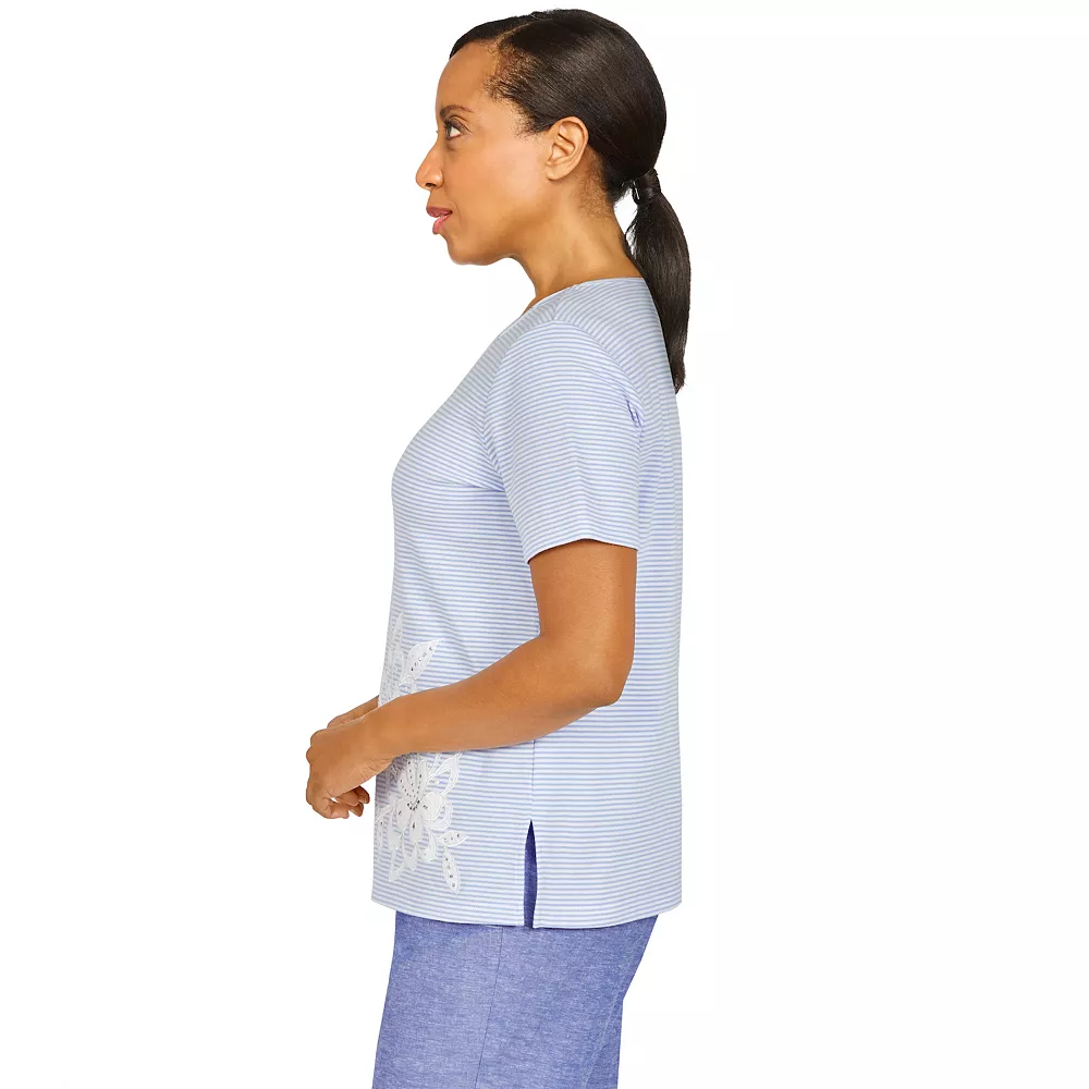 Petite Alfred Dunner Ann Herbor Mini Striped Eyelet Applique Floral Top 4 Petite Alfred Dunner Ann Herbor Mini Striped Eyelet Applique Floral Top - Image 4