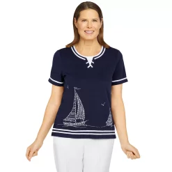 Petite Alfred Dunner Newport Sailboat Striped Border Knit Top