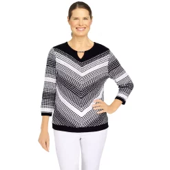 Women's Alfred Dunner Empire State Texture Splitneck Three Quarter Sleeve Sweater