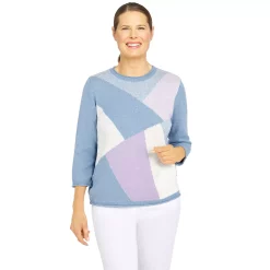 Women's Alfred Dunner Victoria Falls Crewneck Three Quarter Sleeve Colorblock Sweater