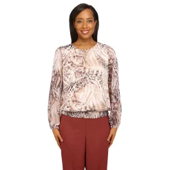 Petite Alfred Dunner Sorrento Abstract Animal Smocked Hem Blouse