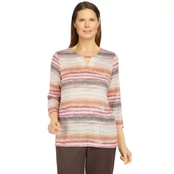 Petite Alfred Dunner Sorrento Watercolor Stripe Beaded Splitneck Top