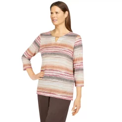 Petite Alfred Dunner Sorrento Watercolor Stripe Beaded Splitneck Top -Alfred Dunner Shop 5847635 ALT2