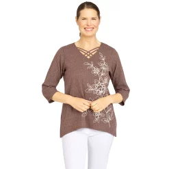Petite Alfred Dunner Sorrento Asymmetric Floral Embroidered Ribbed Top