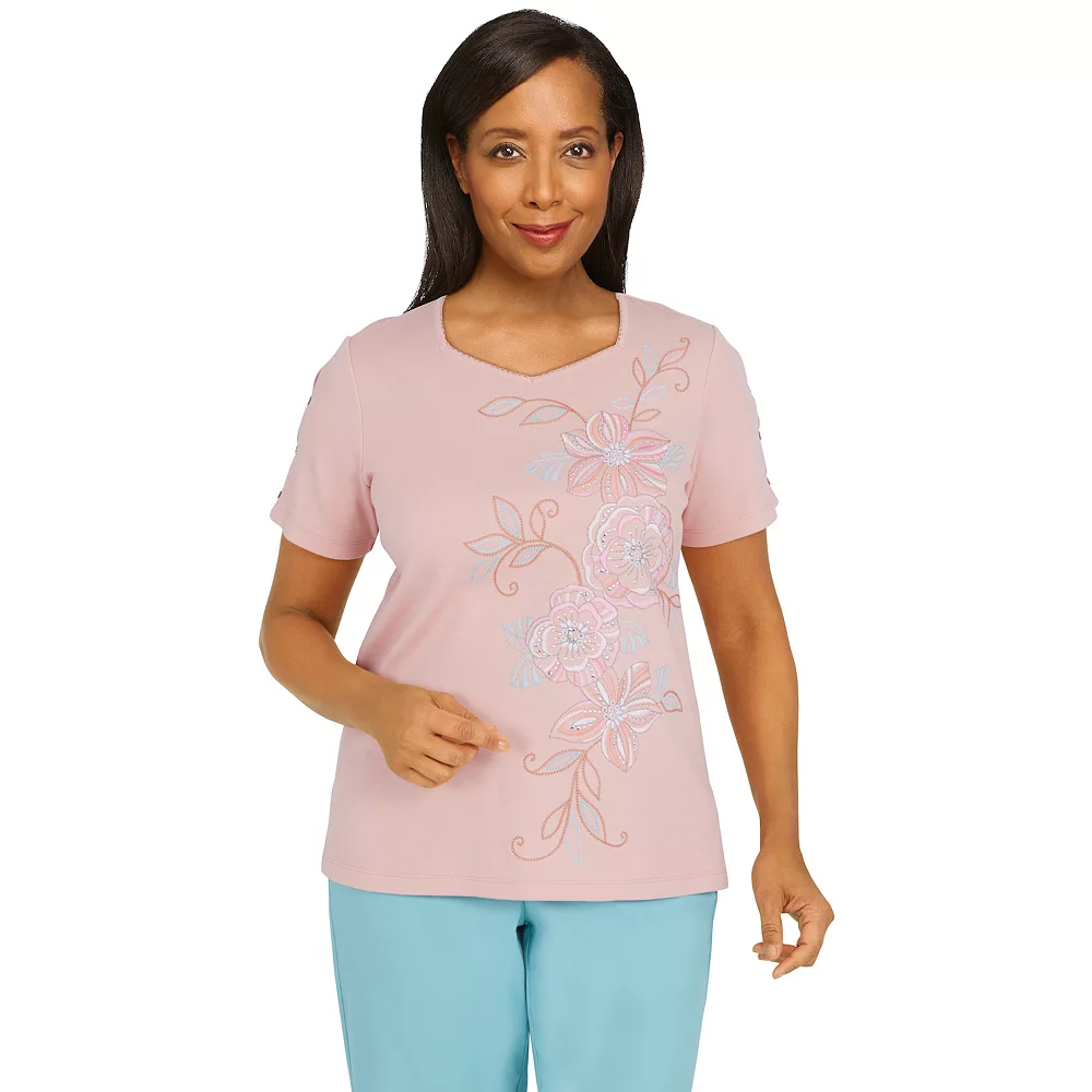 Women's Alfred Dunner Isle of Capri Asymmetric Floral Embroidery Top 1 Women's Alfred Dunner Isle of Capri Asymmetric Floral Embroidery Top