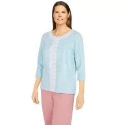 Plus Size Alfred Dunner Isle of Capri Pants Mini Striped Floral Lace Top -Alfred Dunner Shop 5848372 ALT2