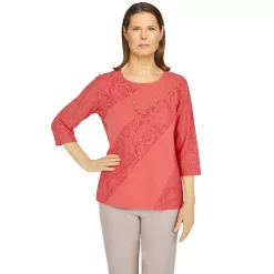 Petite Alfred Dunner Key Largo Solid Lace Spliced Top
