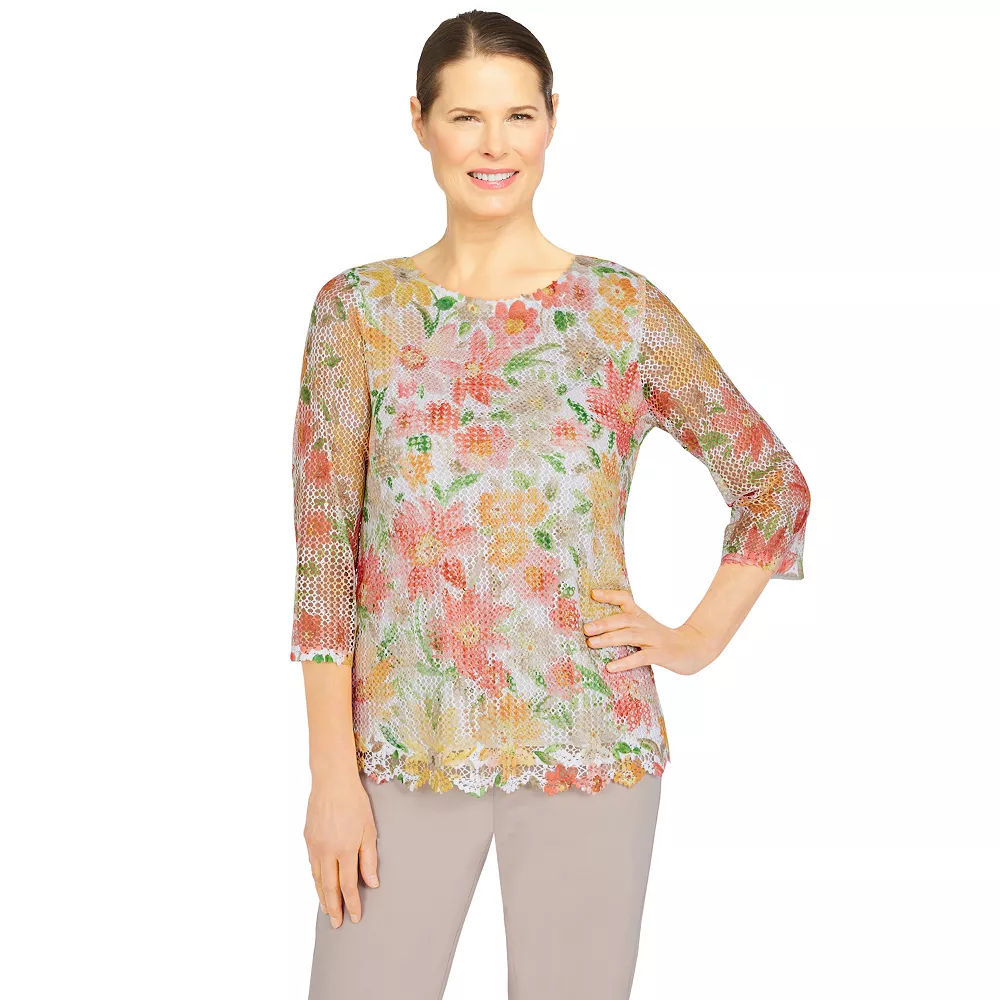 Petite Alfred Dunner Key Largo Mesh Floral Textured Top 1 Petite Alfred Dunner Key Largo Mesh Floral Textured Top