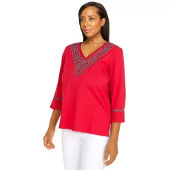 Petite Alfred Dunner Checking In Embroidered V-Neck Three Quarter Sleeve Top -Alfred Dunner Shop 5864765 ALT2