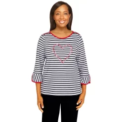 Petite Alfred Dunner Checking In Embroidered Heart Striped Top