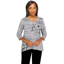 Petite Alfred Dunner Checking In Butterfly Scroll Space Dye Top