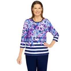 Petite Alfred Dunner Picture Perfect Somen's Flowers and Stripes Knit Top