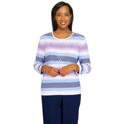 Petite Alfred Dunner Picture Perfect Stripe Texture Embellished Yoke Sweater