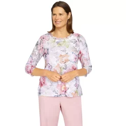 Petite Alfred Dunner Soft Spoken Pearl Collar Soft Knit Top