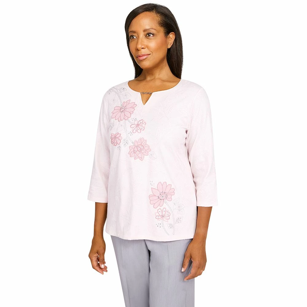 Petite Alfred Dunner Soft Spoken Floral Embroidered Applique Keyhole Top 3 Petite Alfred Dunner Soft Spoken Floral Embroidered Applique Keyhole Top - Image 3