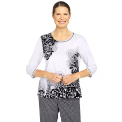 Women's Alfred Dunner Checking In Black & White Floral Soft Knit Top