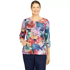 Women's Alfred Dunner Lake Placid Botanical Embellished Lace Applique Print Top