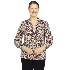 Alfred Dunner Shop 26 Women's Alfred Dunner Madagascar Leopard Print Splitneck Three-Quarter Sleeve Shirt
