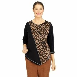 Women's Alfred Dunner Madagascar Spliced Asymmetrical Hemline Three-Quarter Sleeve Top
