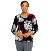 Women's Alfred Dunner Flower Splitneck Three Quarter Sleeve Sweater