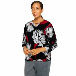 Women's Alfred Dunner Flower Splitneck Three Quarter Sleeve Sweater -Alfred Dunner Shop 5909477 ALT2