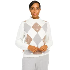 Women's Alfred Dunner Mockneck Long Sleeves Argyle Chenille Sweater