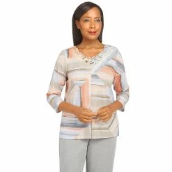 Petite Alfred Dunner Lace Crewneck Stripe Print Top