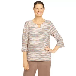 Petite Alfred Dunner Crewneck Three Quarter Sleeve Top