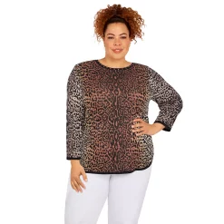 Plus Size Alfred Dunner Animal Jacquard Three-Quarter Sleeve Sweater