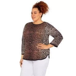 Plus Size Alfred Dunner Animal Jacquard Three-Quarter Sleeve Sweater -Alfred Dunner Shop 5910192 ALT2
