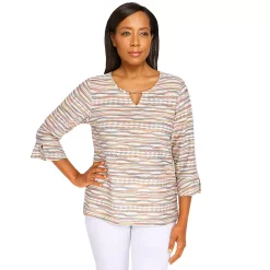 Petite Alfred Dunner Splitneck Three-Quarter Bell Sleeve Top
