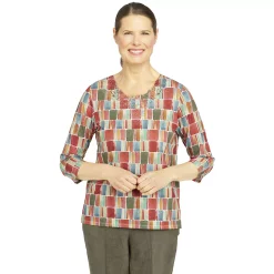 Petite Alfred Dunner Crewneck Three-Quarter Sleeve Geo-Print Top