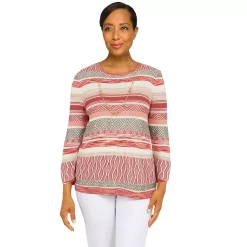 Petite Alfred Dunner Three-Quarter Sleeve Striped Sweater