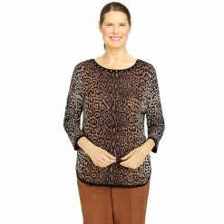 Petite Alfred Dunner Animal Jacquard Three-Quarter Sleeve Sweater