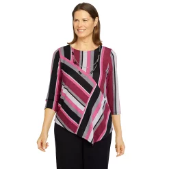 Women's Alfred Dunner Theater District Asymmetric Hem Spliced Stripe Print Top