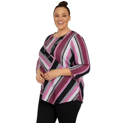 Plus Size Alfred Dunner Theater District Asymmetric Hem Spliced Stripe Print Top -Alfred Dunner Shop 5960366 ALT2