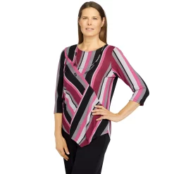 Petite Alfred Dunner Theater District Asymmetric Hem Spliced Stripe Print Top -Alfred Dunner Shop 5960630 ALT2