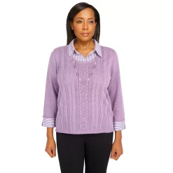 Petite Alfred Dunner Picture Perfect Pointelle Solid Stripe Woven Trim Sweater