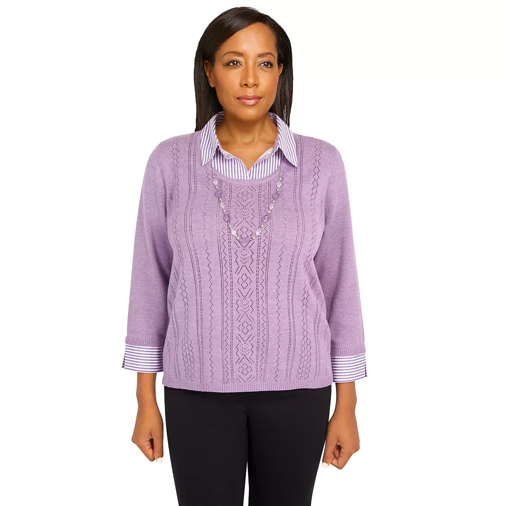 Petite Alfred Dunner Picture Perfect Pointelle Solid Stripe Woven Trim Sweater 1 Petite Alfred Dunner Picture Perfect Pointelle Solid Stripe Woven Trim Sweater