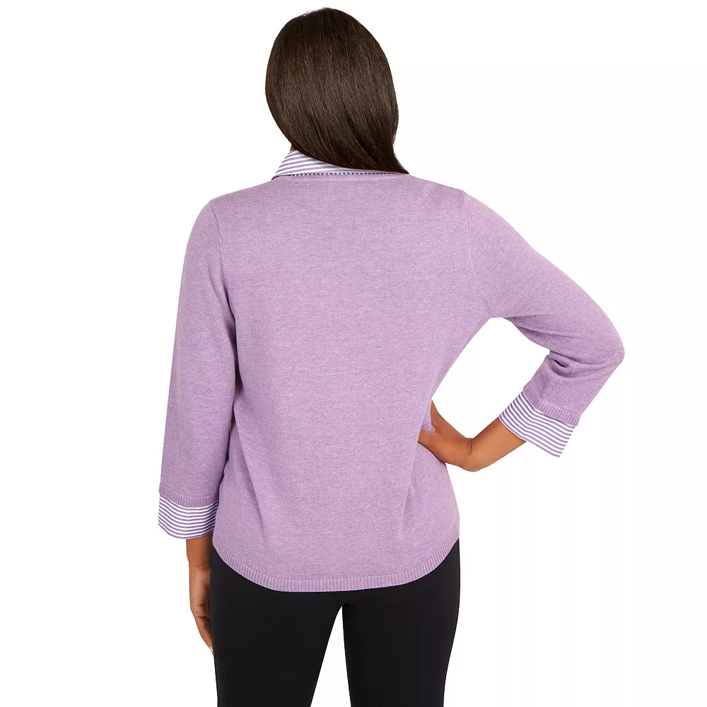 Petite Alfred Dunner Picture Perfect Pointelle Solid Stripe Woven Trim Sweater 2 Petite Alfred Dunner Picture Perfect Pointelle Solid Stripe Woven Trim Sweater - Image 2